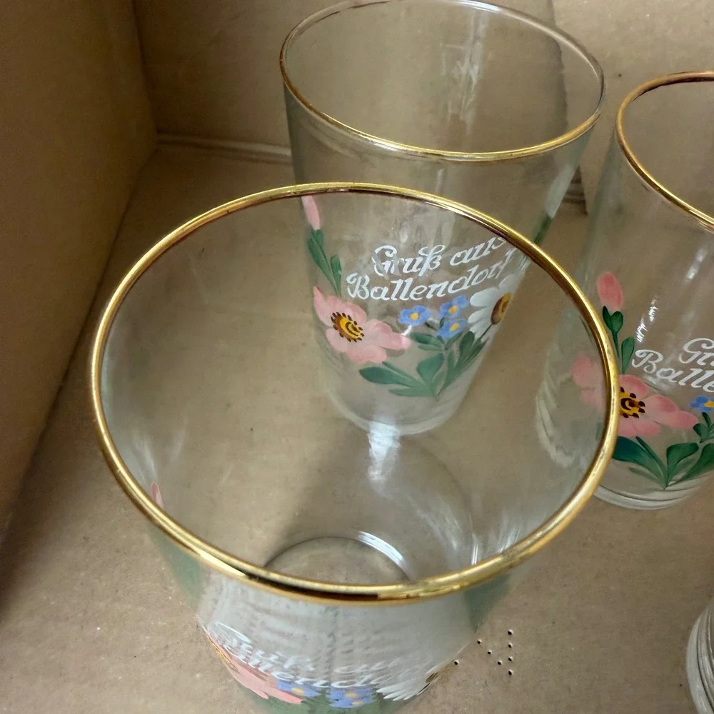 Vintage‎ Handpainted German Ballendorf Floral Glass Tumblers Gold Rim Set of 4